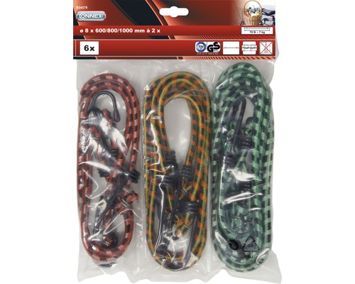 Șase cordoane elastice cu cârlige, diametru opt milimetri, lungimi 600, 800 și 1000 milimetri
