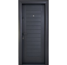 Ușă de siguranță gri cu caneluri orizontale, mâner și chei