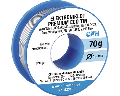 Aliaj de lipit Eco 319 CFH electronic Cositor pentru electronice Premium Eco Tin, fără plumb, 70 grame, diametru 1,0 milimetri
