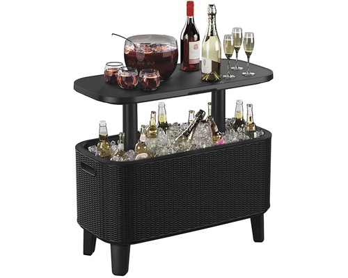 Bar de grădină cu recipient pentru gheață, băuturi și pahare pe o terasă