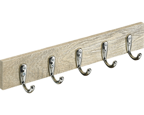 Cuier de perete cu 5 cârlige Hettich Country 400x60x60 mm, lemn nuanță stejar Panou de haine cu cinci cârlige din lemn și metal