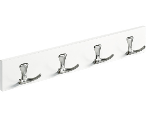 Cuier de perete cu 4x2 cârlige Hettich Country 500x80x46 mm, lemn vopsit alb/zamac nuanță inox