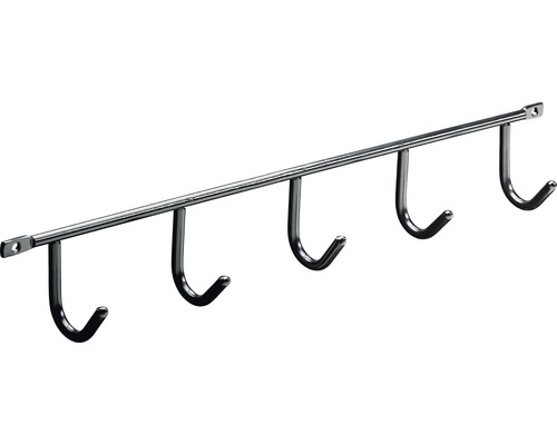 Cuier de perete cu 5 cârlige Hettich Budget 350x52x35 mm, oțel vopsit negru Bară cu cinci cârlige pentru haine