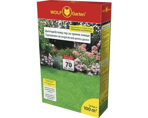 Ingrășământ gazon Wolf 1,6 kg 100 m² de lungă durată Logo Wolf Garten Ambalaj de îngrășământ cu eliberare prelungită pentru gazon, cu indicația pentru o suprafață de gazon de o sută de metri pătrați.