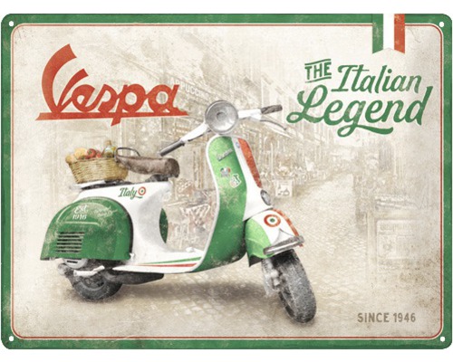 Placă metalică cu motiv Vespa, inscripție: The Italian Legend