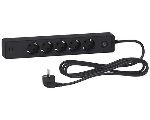 Prelungitor electric Schneider Unica 5 prize + 2x USB 3m 3680W antracit, cu întrerupător Extensie cu cinci prize și două porturi USB