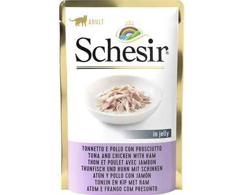 Schesir hrană pentru pisici adulte, ton și pui cu șuncă în aspic