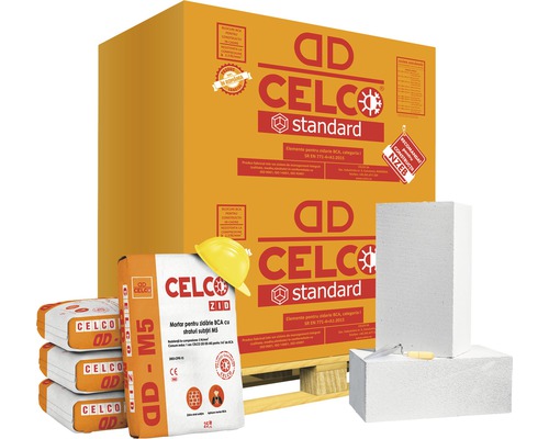 Blocuri de beton celular Celco Standard, mortar și palet cu cască de protecție