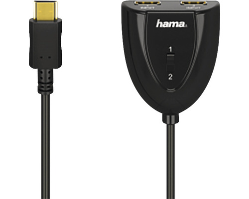 Comutator audio/video switch 2xHDMI Hama negru (conectori tată->mamă auriți) Logo Hama Comutator HDMI 1 la 2 cu cablu