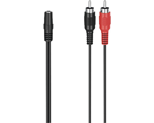 Cablu audio adaptor 2xRCA -> jack stereo Hama negru (conectori mamă->tată) Cablu audio cu mufă jack de 3,5 milimetri la doi conectori RCA