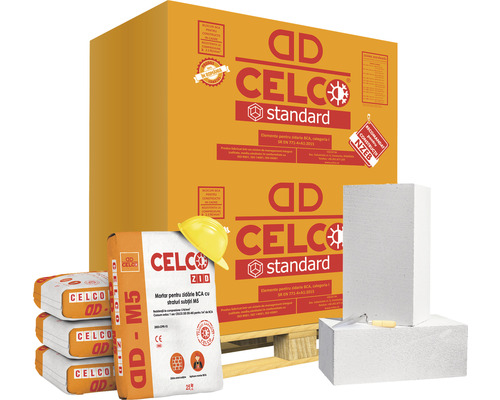 Set de construcție standard Celco cu zidărie, mortar și cască de protecție