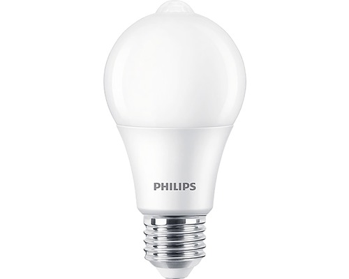 Bec LED cu senzor de mișcare Philips E27 8W 806 lumeni, glob mat A60, lumină caldă-0