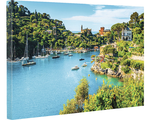 Tablou canvas cu peisaj de coastă, case și bărci într-un port