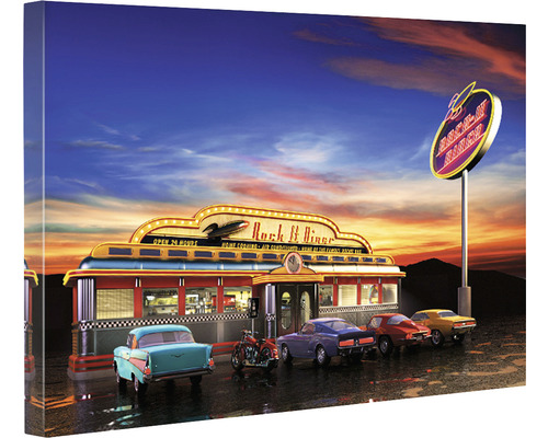 Pictură cu o scenă dintr-un restaurant, cu mașini, motocicletă și tematică Rock ''n'' Roll