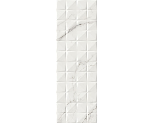 Faianță decorativă Sempre Geometric albă lucioasă 25x75 cm Faianță albă cu aspect de marmură și model pătrat 3D