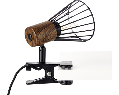 Lampă cu clemă cu aspect de lemn și abajur metalic negru