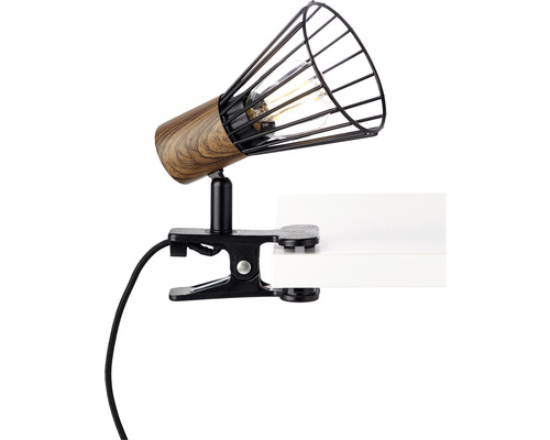 Lampa cu clips cu aspect de lemn și cușcă metalică neagră