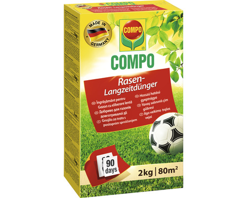 Fertilizator gazon Compo 2 kg 80 m² de lungă durată Pachet de îngrășământ pentru gazon Compo cu eliberare prelungită, durată de acțiune 90 de zile