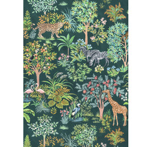 Tapet cu motiv de junglă cu leopard, zebre, girafă, flamingo și plante