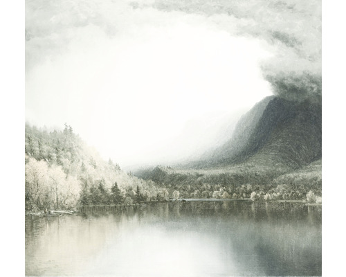 Ilustrație a unui peisaj lacustru cu munți și copaci