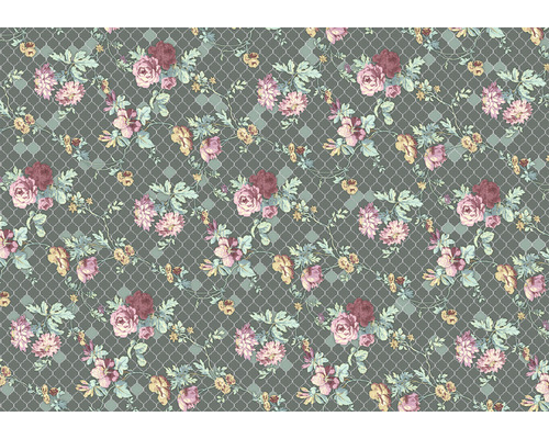 Model floral cu trandafiri și frunze pe un fundal reticular