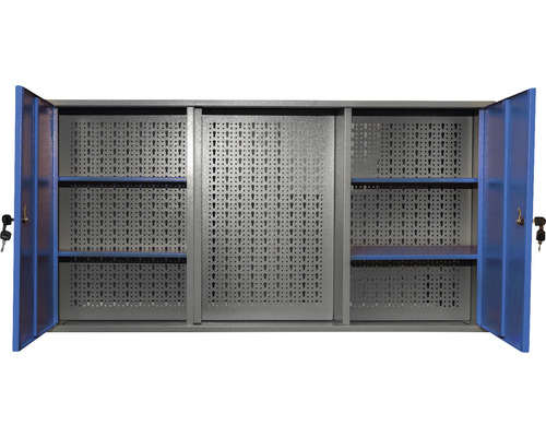 Dulap suspendat FAM WS-07 1200x600x200 mm, cu 2 uși, 4 polițe și panou perforat Dulap de scule deschis cu perete posterior perforat și rafturi