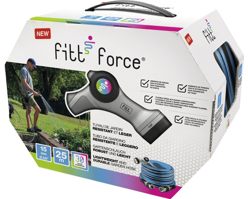 Ambalaj furtun de grădină Fitt Force cu informații despre lungime, diametru și garanție