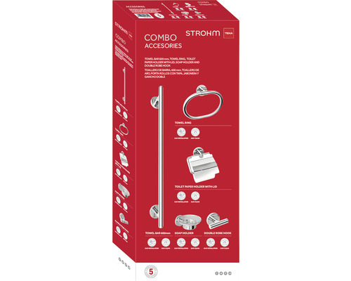 Ambalaj set de accesorii pentru baie Strohm cu bară pentru prosop, inel pentru prosop, suport pentru hârtie igienică cu capac, săpunieră și cârlig dublu pentru halat