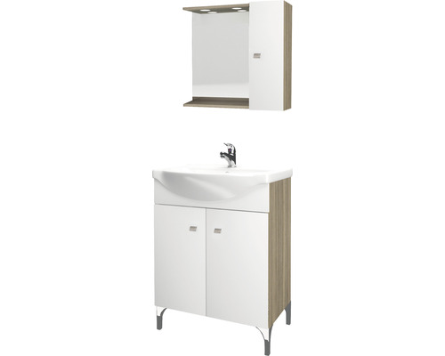 Set mobilier baie Savini Due Bicolor 65 cm, incl. bază lavoar, lavoar și dulap cu oglindă și spoturi LED