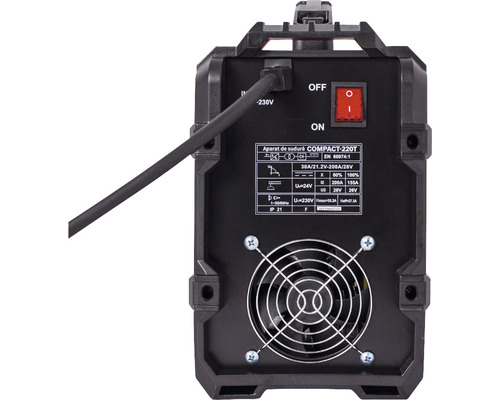 Spatele unui aparat de sudură cu cablu de alimentare, întrerupător pornit/oprit și ventilator.