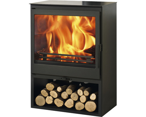 Șemineu pe lemne Panadero Emerald oțel negru 7,1 kW cu spațiu depozitare lemne Șemineu cu lemne