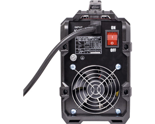 Imagine din spate a aparatului de sudură cu cablu de alimentare, ventilator și comutator pornit oprit