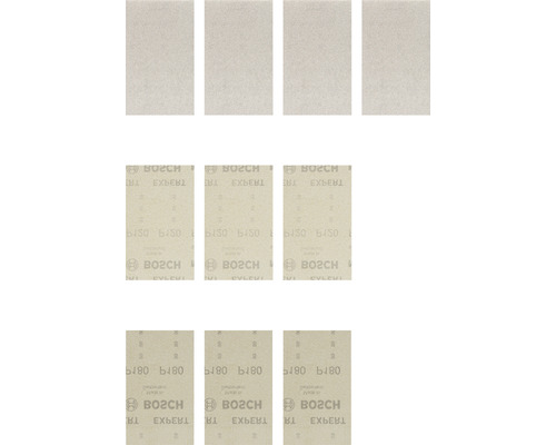 Set hârtii abrazive Bosch 80x133mm, granulație 80/120/180, pachet 10 bucăți Set hârtie abrazivă Bosch Expert, granulație 180, 12 bucăți