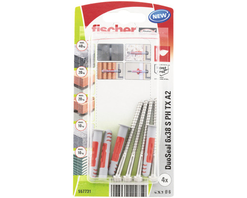 Dibluri plastic cu șurub Fischer DuoSeal 6x38 mm, 4 bucăți Dibluri Fischer DuoSeal 6x38 cu șuruburi, 4 bucăți, pentru diverse materiale de construcție