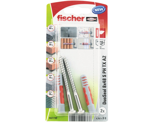 Dibluri plastic cu șurub Fischer DuoSeal 8x48 mm, 2 bucăți Dibluri Fischer DuoSeal 8x48 milimetri cu șuruburi, pachet de 2 bucăți
