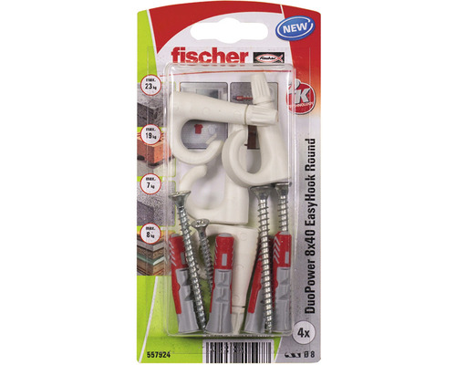 Dibluri plastic cu cârlig rotund Fischer DuoPower EasyHook 8x40 mm, 4 bucăți