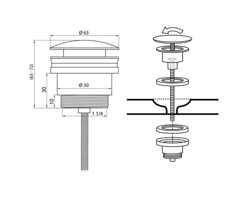 Desen al unei supape de scurgere cu dimensiunile corespunzătoare