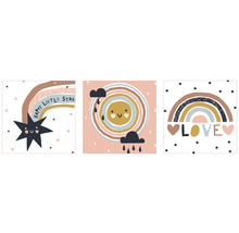 Trei ilustrații cu curcubeu, soare, stea și cuvântul iubire pentru copii