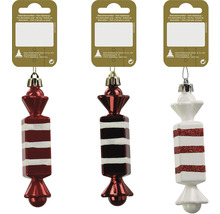 Trei globuri de pom de Crăciun în formă de bomboane cu model în dungi