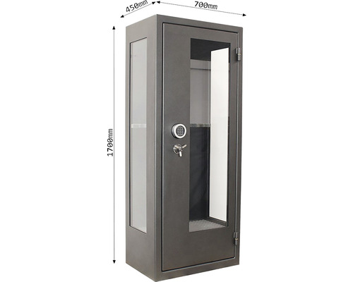 Dulap pentru arme cu ușă de sticlă, înălțime 1700 mm, adâncime 700 mm și lățime 450 mm