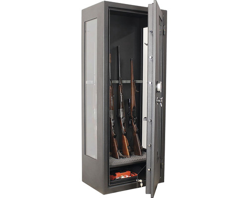Dulap arme deschis cu trei puști și încuietoare cu cifru