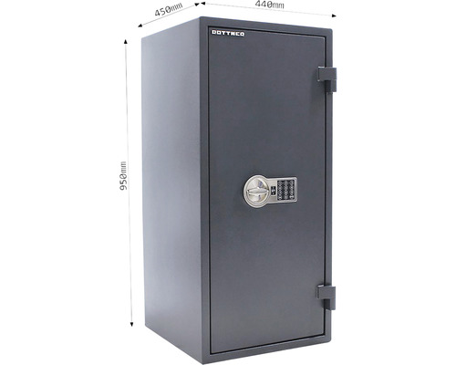 Seif gri cu blocare digitală cu cifru, 950 mm înălțime, 450 mm lățime și 440 mm adâncime.