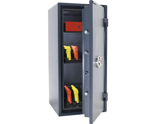 Seif deschis cu suporturi pentru arme și cutie de depozitare roșie
