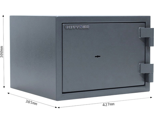 Seif Rottner gri cu dimensiunile de 300 x 385 x 427 milimetri.