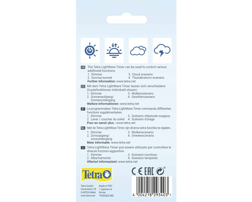 Spatele ambalajului temporizatorului Tetra LightWave cu informații despre funcții