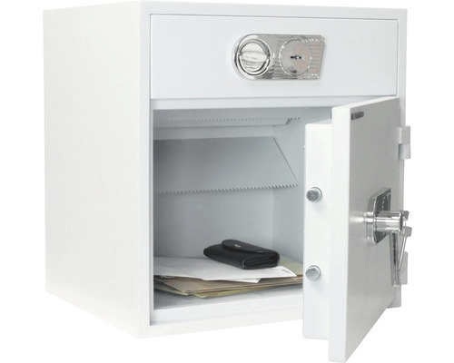 Seifă de mobilier albă deschisă cu documente și portofel