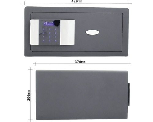 Imagine a unui seif cu dimensiunile de 420 mm lățime, 370 mm adâncime și 200 mm înălțime.