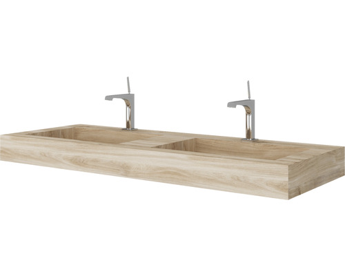 Chiuvetă din lemn cu două robinete