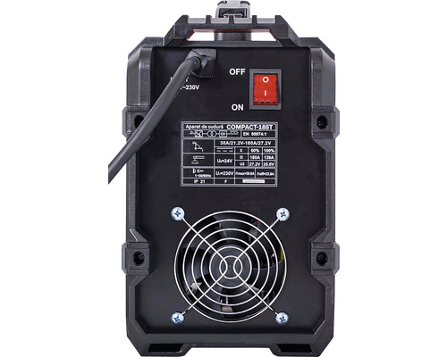 Vedere din spate a unui aparat de sudură cu întrerupător și ventilator