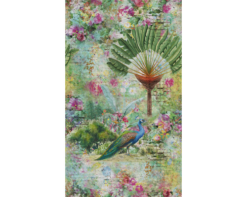 Fototapet vlies Smart Art Easy 47259 junglă verde 159x270 cm Model decorativ de tapet cu păun, frunze tropicale și flori